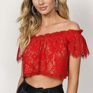TOBI riley red lace off shoulder crop top | small